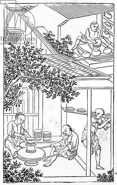 Moulding and placing on the potter's wheel, from a series of illustrations on the manufacture of china