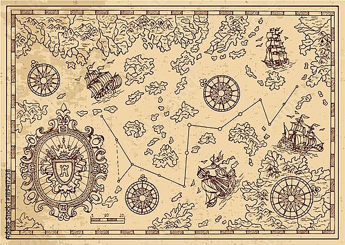Древняя карта пиратов с декоративной рамкой, парусами и островами