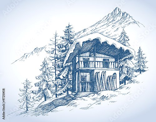 Заснеженный домик на горном курорте