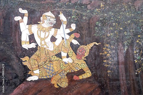 Картина Рамаяна на стене в храме Таиланда #3