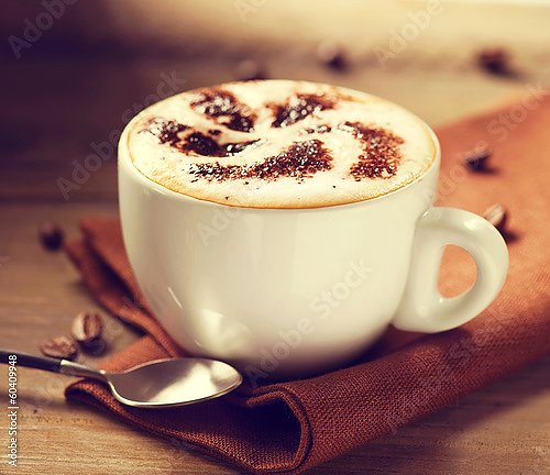 Постер Чашка кофе капучино с рисунком на пенке