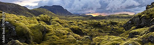 Поросшие мхом камни на закате, Исландия