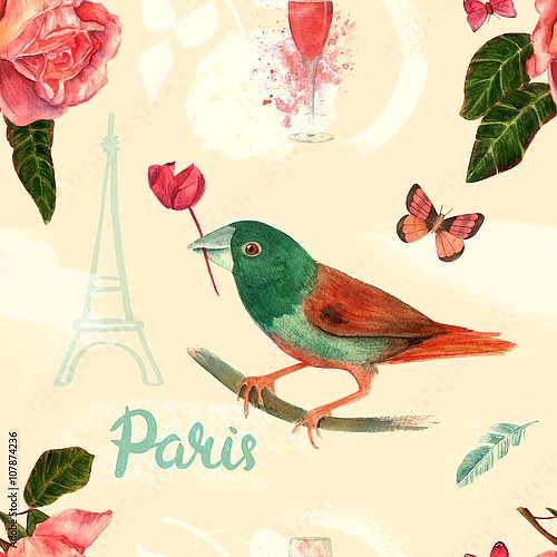Винтажная открытка с птицей, розами и бабочкой