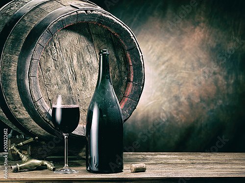 Дубовый бочонок с бутылкой и стаканом красного вина