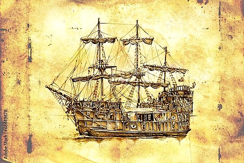 Античный корабль, рисунок ручной работы