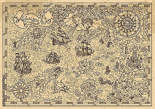 Постер-гравюра Пиратская карта со старыми парусными кораблями,фантастическими существами, островами сокровищ