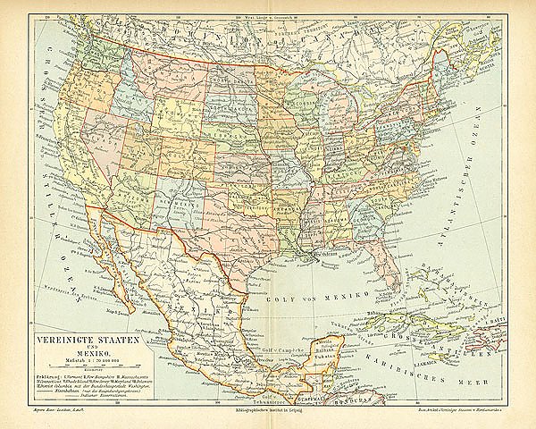 Карта США и Мексики, конец 19 в.