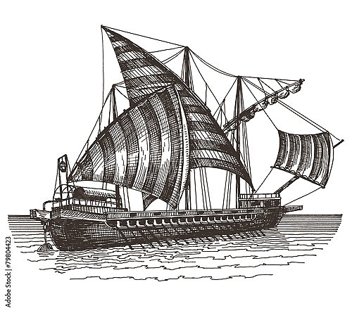 Корабль с полосатыми парусами