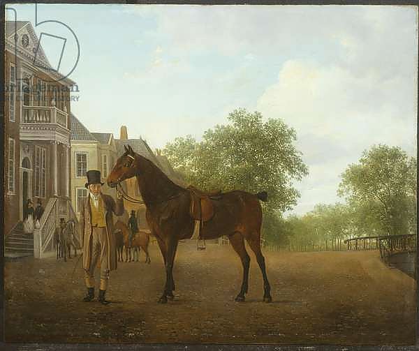 A Gentleman holding a Saddled Horse in a Street by a Canal