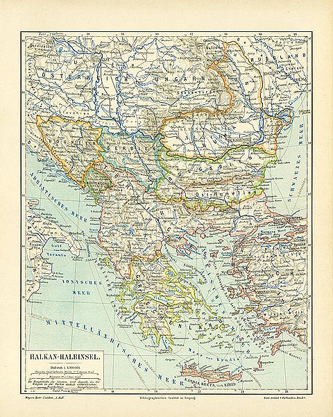 Карта Балканского полуострова, конец 19 в.