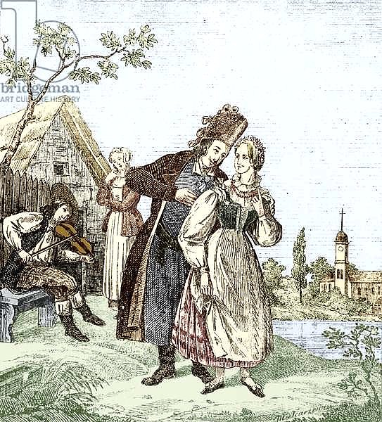 DANCE - Polish couple dancing to violin Violin played by gypsy. 'Country folk from the Poznan District, 1836. Artists unknown.