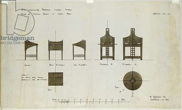 Designs for writing desks shown in front and side elevations, for the Ingram Street Tea Rooms, 1909