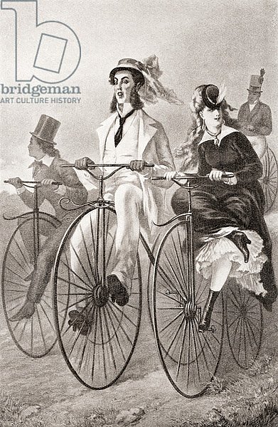 Two cyclists on Penny Farthing bicycles in the 19th century, published 1909.