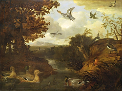 Постер Барлоу Франсис Ducks and other birds about a stream in an Italianate landscape, 1671 Постер Барлоу Франсис Ducks and other birds about a stream in an Italianate landscape, 1671