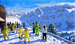 Постер Макара Эндрю (совр) Young skiers in yellow,Val Gardena Italy.12x20 Постер Макара Эндрю (совр) Young skiers in yellow,Val Gardena Italy.12x20