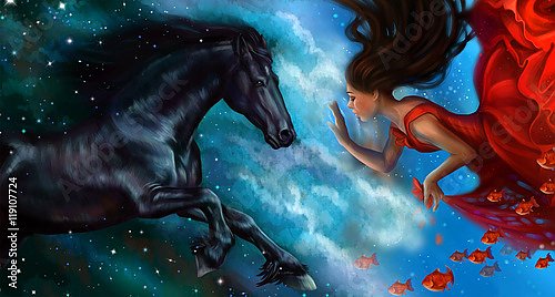 Лошадь и девушка на фоне неба