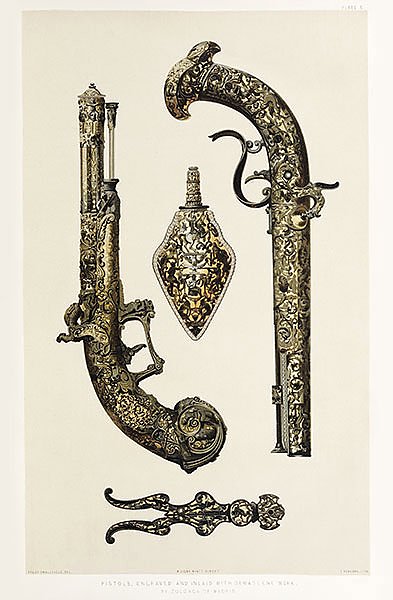 Пистолеты, выгравированные и инкрустированные дамасской работой Зулоаги из Мадрида из Индустриального искусства девятнадцатого века (1851-1853)