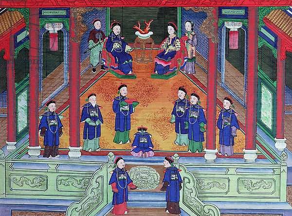 Scene depicting a Chinese imperial official at home seated with his wife