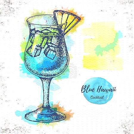 Эскиз акварельного коктейля голубая лагуна