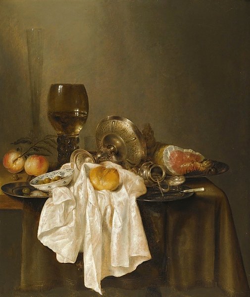 A Banketje Still Life With A Roemer, A Silver Tazza On Its Side, A Ham, Peaches, A Salt Cellar, A Bread Roll And A White Cloth On A Partly Draped Table