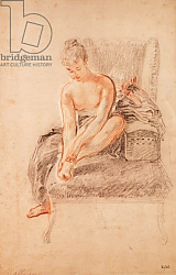 Постер Ватто Антуан (Antoine Watteau) Semi-nude woman seated on a chaise longue, holding her foot Постер Ватто Антуан (Antoine Watteau) Semi-nude woman seated on a chaise longue, holding her foot