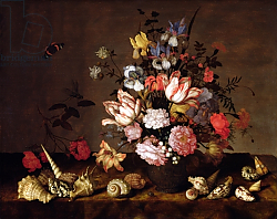 Постер Аст Балтазар Still life of a vase of flowers with shells Постер Аст Балтазар Still life of a vase of flowers with shells