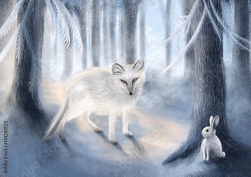 Песец и заяц в зимнем лесу