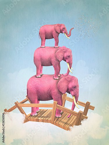 Три розовых слона в небе на мосту