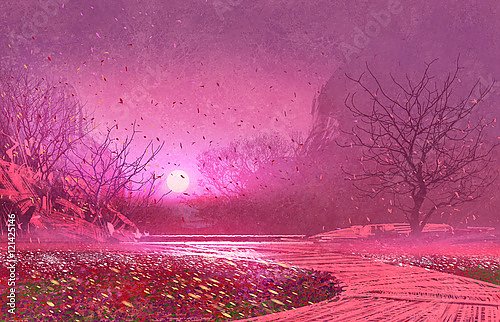 Фантастический пейзаж с розовым листопадом