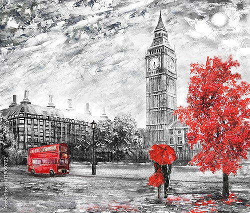 Лондонский чёрно-белый пейзаж с красными элементами