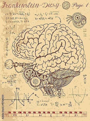 Дневник Франкенштейна: механический человеческий мозг с глазом и формулами