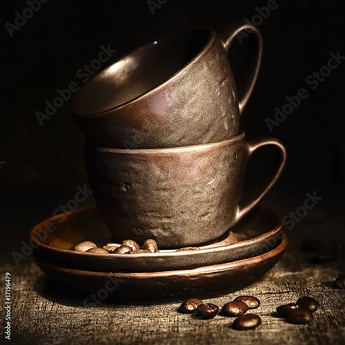 Две старый чашки и кофейные зёрна