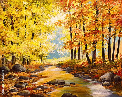 Красочные осенние деревья у ручья