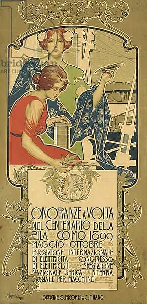 Poster advertising the exhibition of electrical products held in honor of the 100th anniversary of the birth of Alessandro Volta, 1898