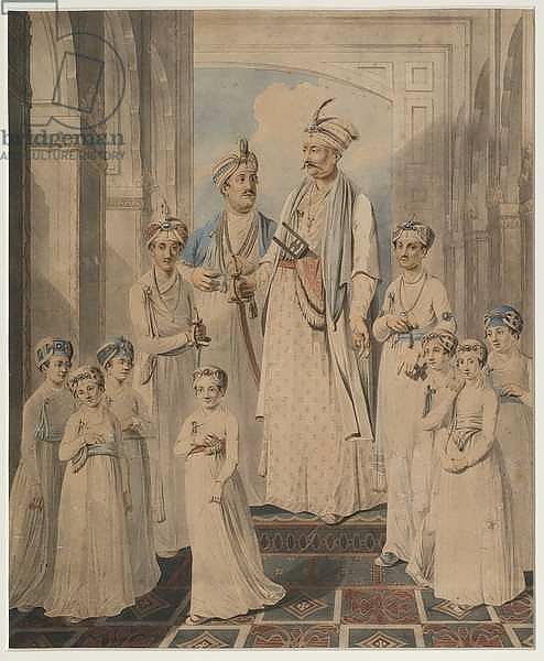 Shuja-ud-Daula, Nawab of Oudh, with ten sons, engraving by R. Renault, 1796