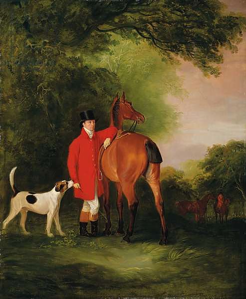Portrait of Lord Lismore in a hunting coat with his bay hunter and a hound, in a landscape, a hunting party beyond