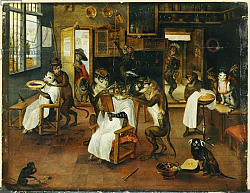 Постер Кессель Ян A Singerie: Monkey Barbers serving Cats Постер Кессель Ян A Singerie: Monkey Barbers serving Cats