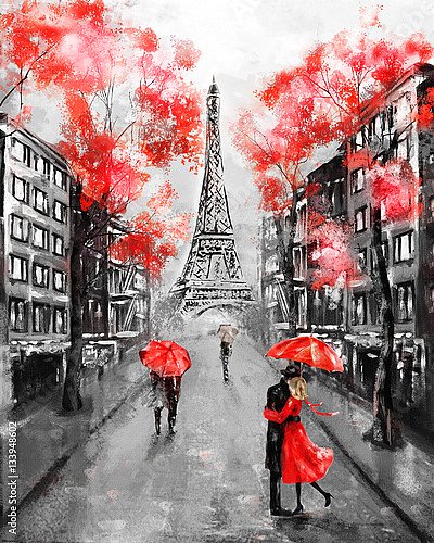 Пара под зонтиком на улице Парижа в чёрно-красных тонах