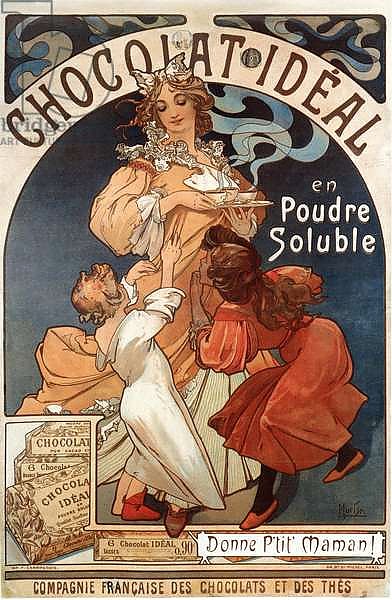 Advertising poster by Alphonse Mucha for chocolate “Chocolate Ideal” 1897- Advertising poster by Alphonse Mucha for “Chocolate ideal” Dim 78x117 cm 1897 Private collection