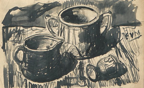 Stilleven met een melkkan, een pot en een glas