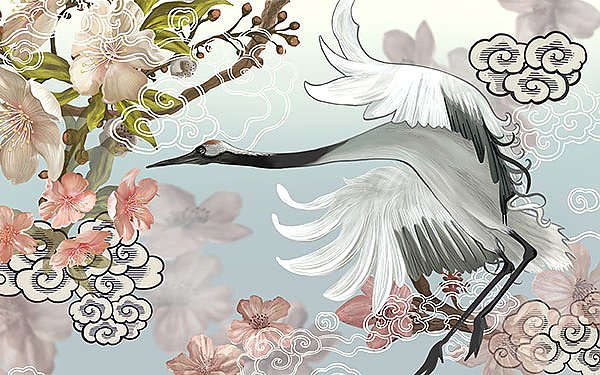 Летящий элегантный белый японский журавль 2