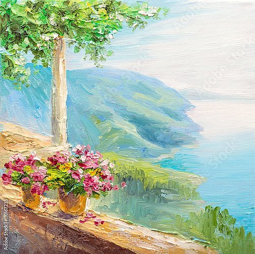 Цветы на балконе с видом на море