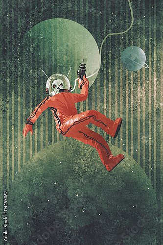 Космонавт в красном костюме держит пистолет на фоне планеты Земля
