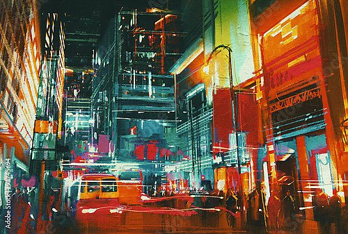 Улица города в ночное время с красочными огнями