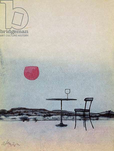 Displaced red wine from glass on outside table becomes the Setting Sun