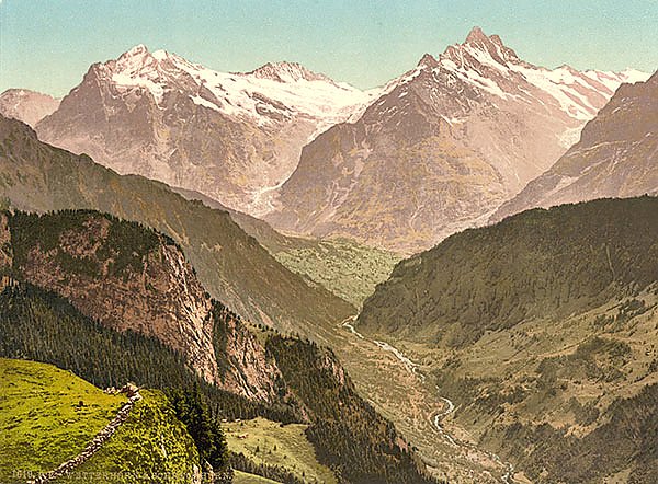 Горы ретро фото Ретро-постер Швейцария. Горы Веттерхорн и Шрекхорн