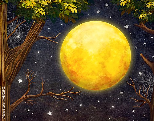 Полная луна выглядывает из-за деревьев на ночном небе со звездами