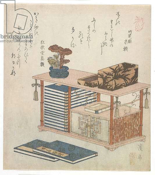 Surimono illustrating a book cabinet, Edo period, late 1810s or early 1820s
