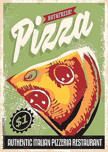 Горячая и свежая пицца, ретро плакат