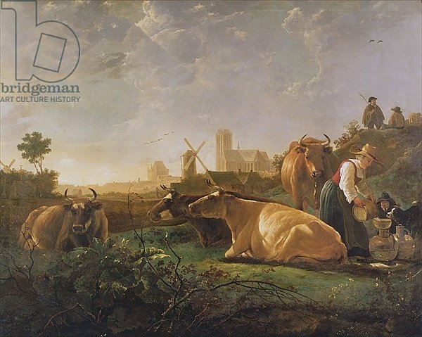 A Distant View of Dordrecht with Sleeping Herdsman and Five Cows, c.1650-52